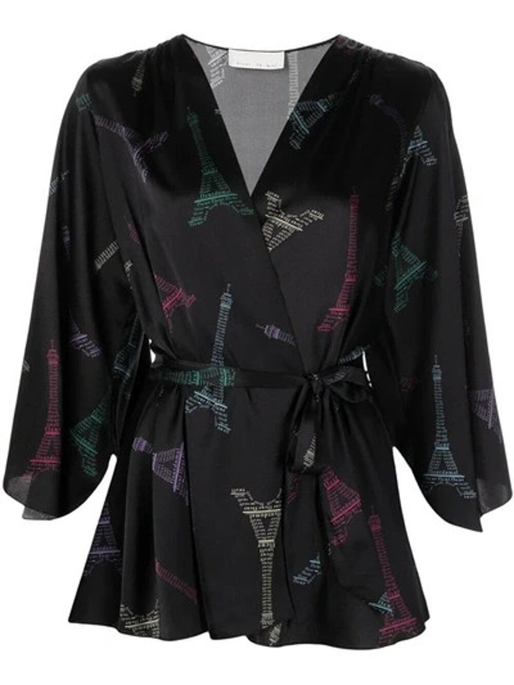 Fleur Du Mal Belted Printed Y2K Stretch silk Satin Robe Eiffel Black S/M A004144